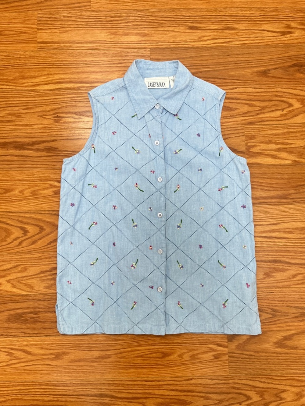 Vintage Sleeveless Blue Top, Embroidered Flowers, Small, Casey & Max, Cotton